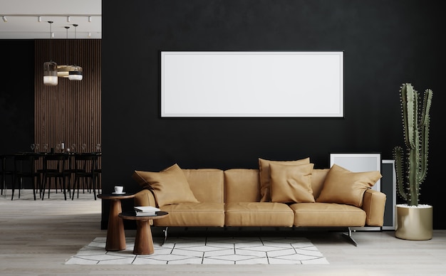 Maqueta de marco de imagen en blanco en el interior de una habitación oscura, representación 3d
