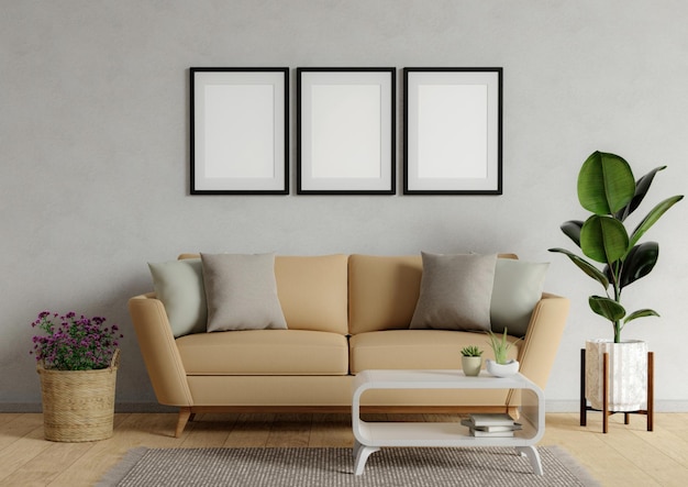 Maqueta de marco de imagen en blanco en la pared blanca Diseño moderno de la sala de estar Vista del interior de estilo escandinavo moderno con ilustración de renderizado 3d de sofá