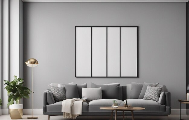 Maqueta de marco de imagen en blanco en la pared gris Diseño de sala de estar Vista del interior moderno estilo loft