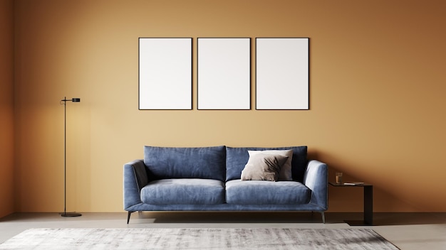 Maqueta de marco de imagen en blanco en la representación 3d interior de la habitación luminosa