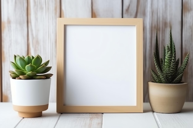 Foto maqueta de marco de una imagen en blanco sobre un estante con plantas suculentas o cactus en escandinavo