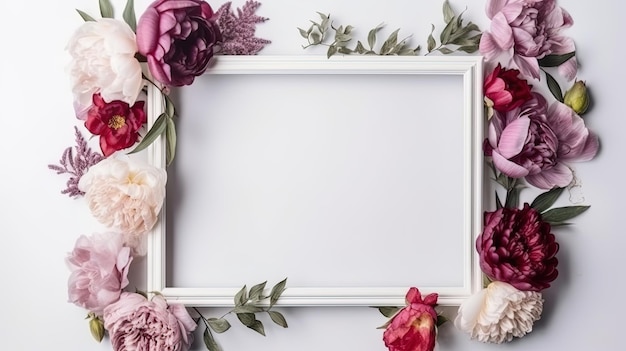 Maqueta de marco de imagen decorado con flores de primavera espacio limpio para texto sobre fondo blanco