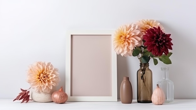 Maqueta de marco de imagen decorado con flores de primavera espacio limpio para texto sobre fondo blanco