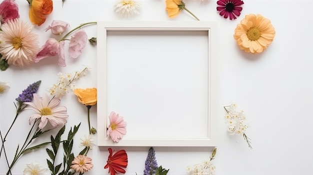 Maqueta de marco de imagen decorado con flores de primavera espacio limpio para texto sobre fondo blanco