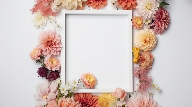 Maqueta de marco de imagen decorado con flores de primavera espacio limpio para texto sobre fondo blanco