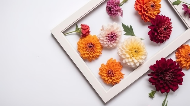 Maqueta de marco de imagen decorado con flores de primavera espacio limpio para texto sobre fondo blanco