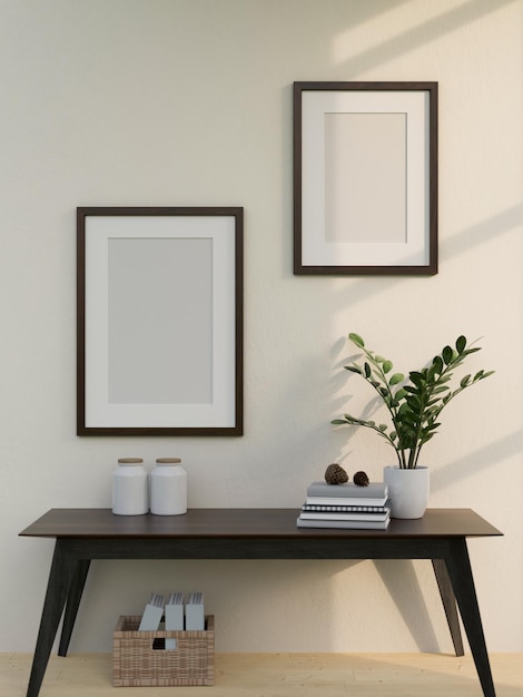 Maqueta de marco de imagen en pared blanca sobre mesa de madera oscura mínima con decoraciones