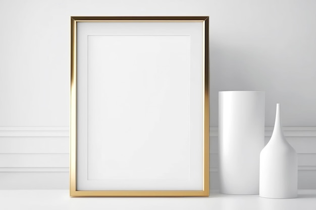 Maqueta de marco de imagen Póster vacío con decoraciones blancas Diseño minimalista IA generativa