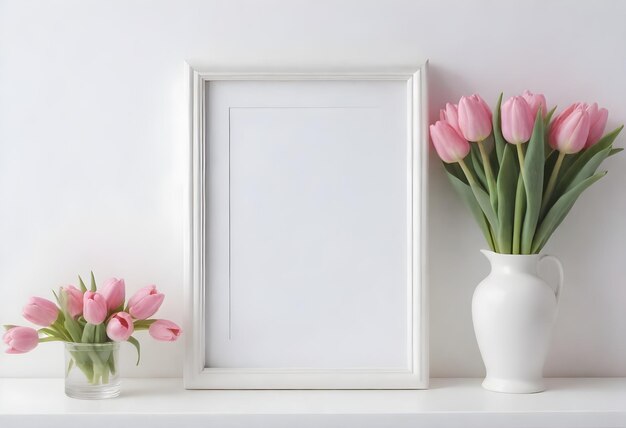 Una maqueta de marco de imagen vacío con un jarrón blanco que contiene rosas rojas tulipanes rosas flores del sol