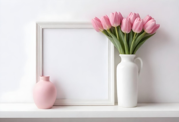 Una maqueta de marco de imagen vacío con un jarrón blanco que contiene rosas rojas tulipanes rosas flores del sol