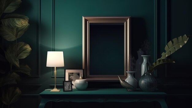 Maqueta de marco en interior de casa verde oscuro 3d render Generativo Ai
