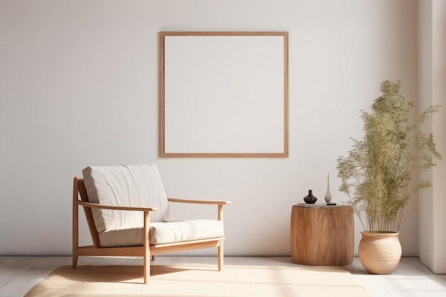 Foto maqueta de un marco en un interior minimalista escandinavo con una silla y paredes blancas