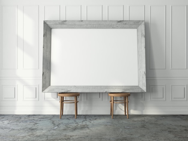 Maqueta de marco de madera blanca horizontal de pie en las dos sillas de madera sala de estar, renderizado 3d