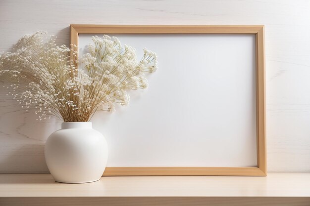 Foto maqueta de marco de madera de paisaje con espacio de copia para la presentación de obras de arte, fotos o impresiones pared blanca y jarrón con decoración de flores de gipsófila seca