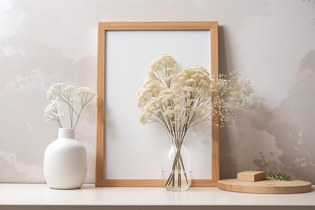 Maqueta de marco de madera de paisaje con espacio de copia para la presentación de obras de arte, fotos o impresiones Pared blanca y jarrón con decoración de flores de gipsófila seca