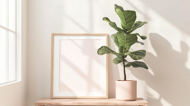 Una maqueta de marco de madera con una planta en olla en una mesa de madera El marco está de pie en la mesa y la planta se coloca junto a ella