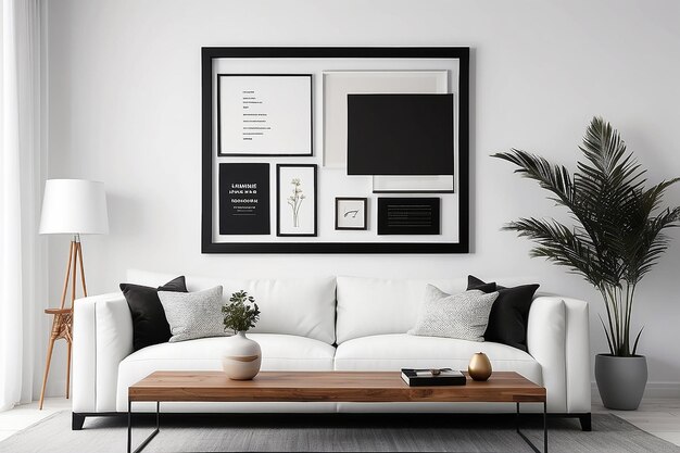 Maqueta de marco negro con elementos interiores sobre fondo de madera blanca