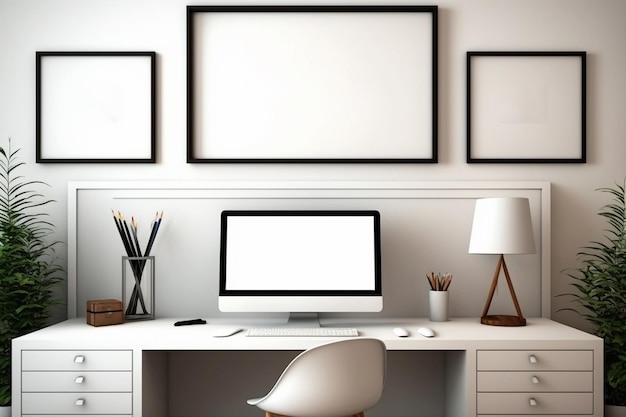Una maqueta de marco de paisaje horizontal que presenta un elegante escritorio de madera y muebles interiores de computadora en una sala de trabajo blanca de estudio en casa AI