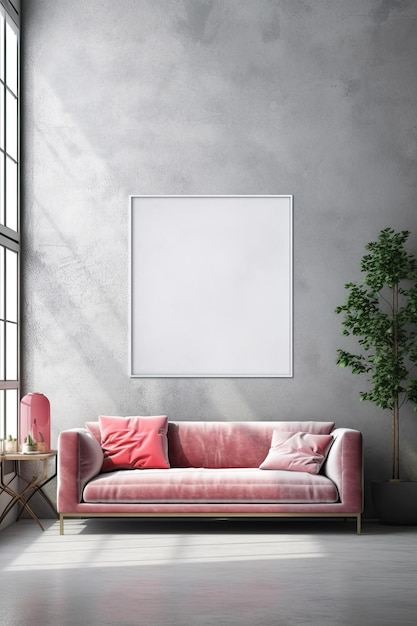 Maqueta del marco de la pared vacía en la pared gris en el interior de la sala de estar con muebles modernos Generado por IA