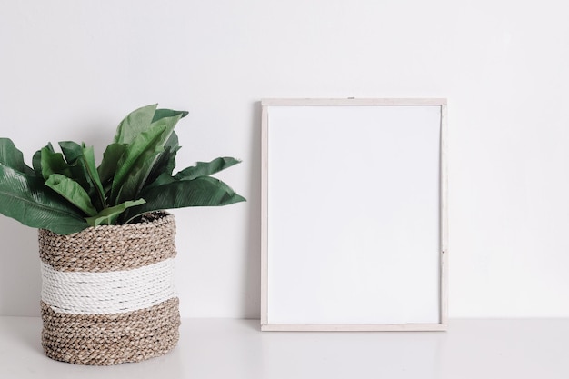 Maqueta de marco con plantas verdes en una maceta de mimbre en un interior cálido, neutral, simple y minimalista