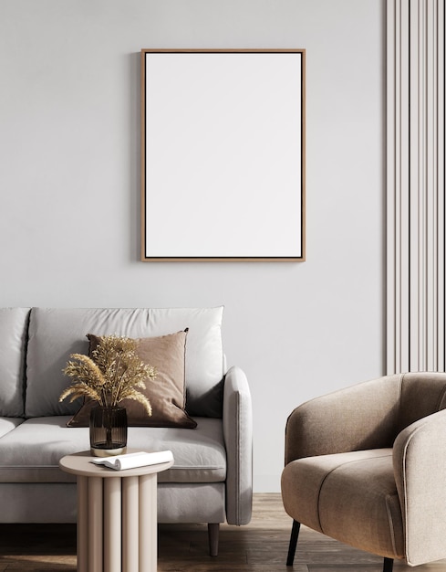 Maqueta de marco de póster en elegante representación 3d de espacio interior beige