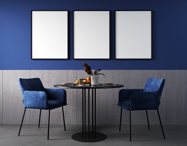 Maqueta de marco de póster en el interior de la sala de estar con silla azul, mesa negra y decoración brillante en fondo azul oscuro, render 3d