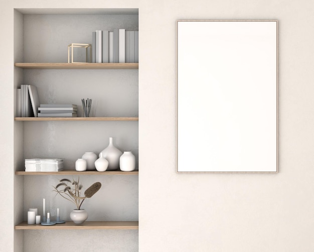 Maqueta de marco de póster de pared de sala de estar de lujo blanco crema Estilo de decoración de diseño de interiores minimalista moderno Maqueta de concepto de arte en diseño de interiores Representación 3D Ilustración 3D