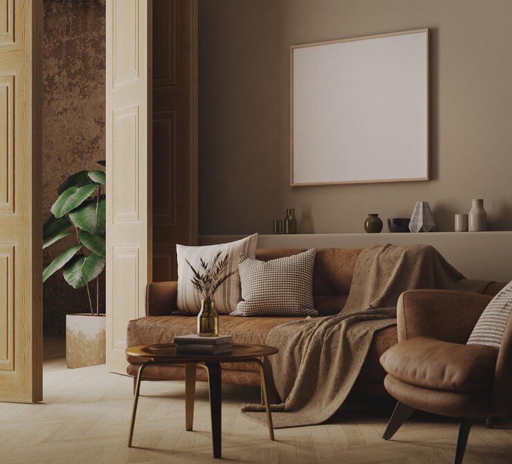 Maqueta de marco de póster en sala de estar marrón con sofá, sillón y mesa