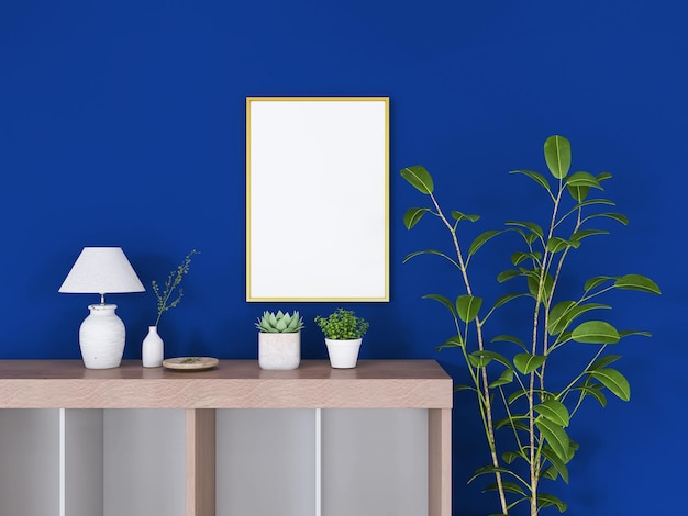 Maqueta de marco de una sola foto en pared azul con renderizado 3D de decoración del hogar