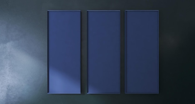 Maqueta de marco de tres carteles con tema de diseño interior de sala de estar oscura