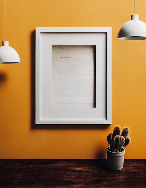 Maqueta de marco vacío en blanco en la pared amarilla con plantas de interior y lámpara IA generativa