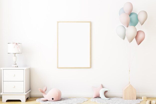 Maqueta de marco vacío en la habitación de los niños en una pared blanca con una ballena rosa y un globo rosa