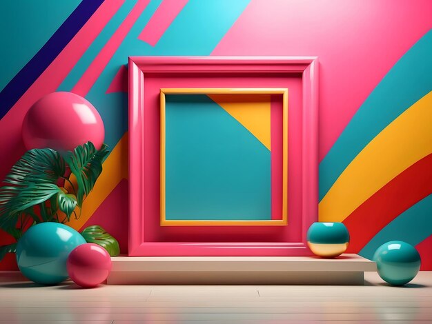 Foto una maqueta de marco vacío inspirada en el arte pop con colores audaces y patrones gráficos en una habitación lúdica