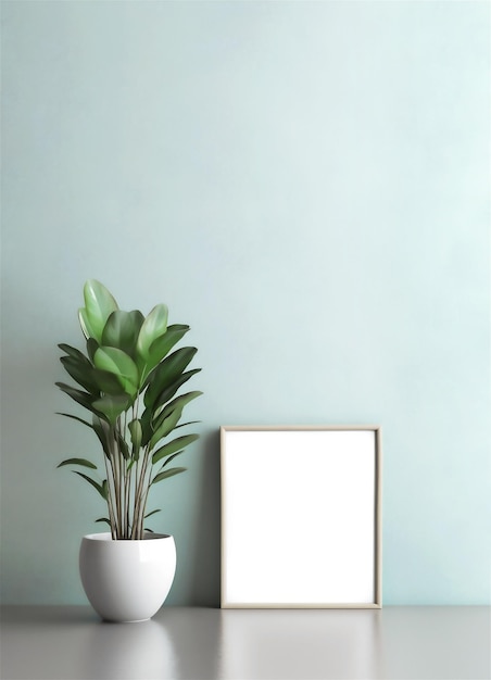 Maqueta de marco vacío en interior minimalista con planta sobre fondo de pared de color verde pastel