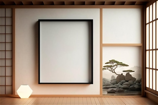 Maqueta de marco vertical rectangular en interior de estilo japonés con plantas en piso de madera vacío