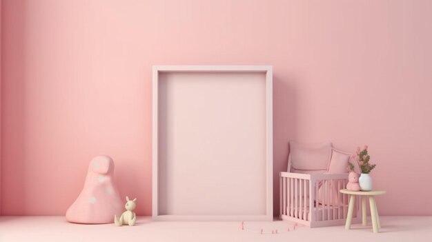 Maqueta de marco vertical vacío en interior minimalista moderno con planta en ai generativo de pared rosa bebé