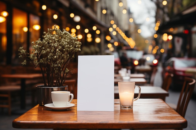 Maqueta de menú blanco en blanco en una mesa de madera en un café al aire libre por la noche