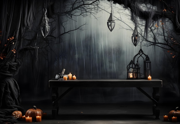 Maqueta de mesa de halloween negra vacía con calabazas, velas, decoración espeluznante y fondo de bosque místico oscuro AI generado