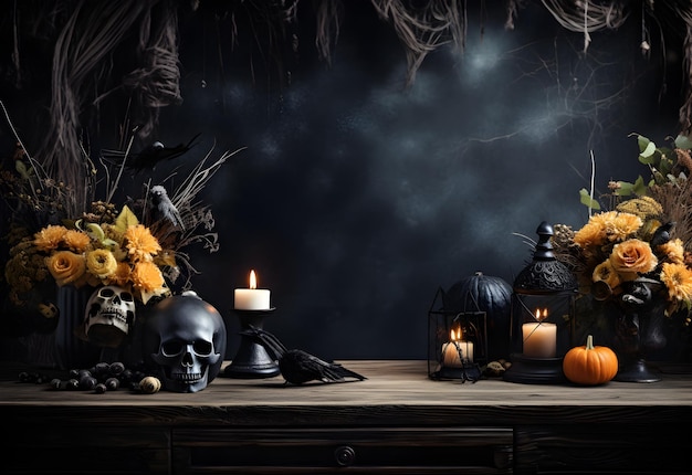 Maqueta de mesa de Halloween negra vacía con calabazas velas escull flores de otoño decoración espeluznante y fondo místico oscuro generado por IA