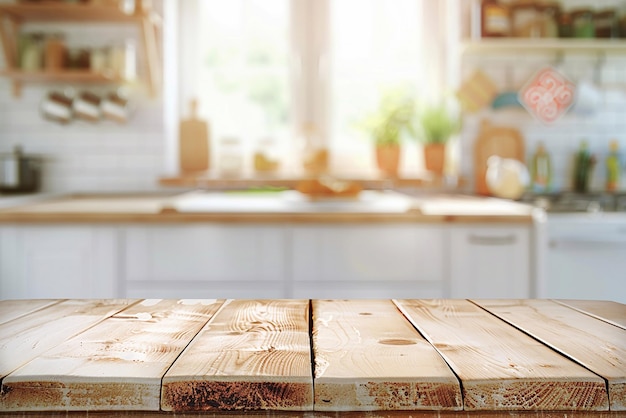 Maqueta de mesa de madera en el fondo borroso de la cocina para la exhibición de productos