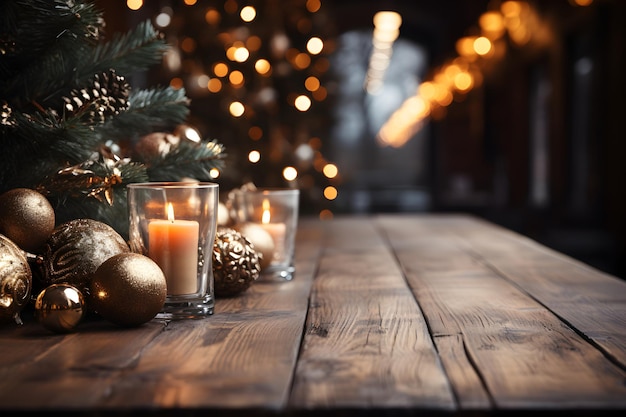 Maqueta de mesa de madera de Navidad con bolas de árbol de Navidad, velas y luces de fondo, estandarte festivo con decoración creativa de baubles y espacio de copia