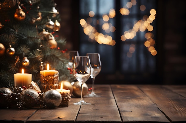 Maqueta de mesa de madera navideña con bolas de árbol de Navidad, velas, vasos y luces de fondo. Banner de plantilla festiva con decoración creativa de adornos y espacio para copiar.