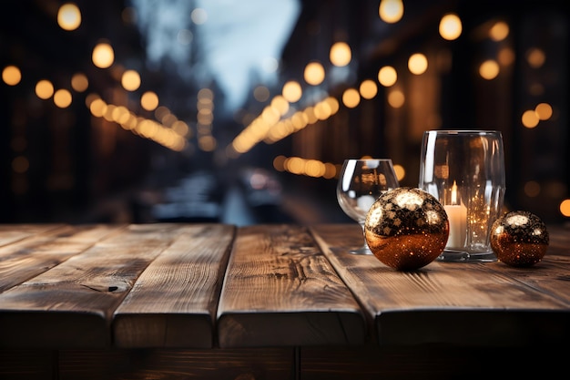 Maqueta de mesa de madera navideña con velas, vasos, bolas y luces de fondo. Banner de plantilla festiva con decoración creativa de adornos y espacio para copiar.