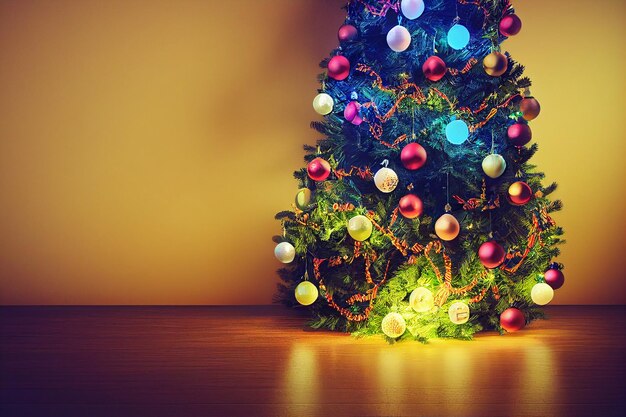 Foto maqueta de mesa de madera rústica frente a luces bokeh brillantes de colores brillantes de adornos navideños y decoración maqueta de estilo navideño para decoración y exhibición de productos