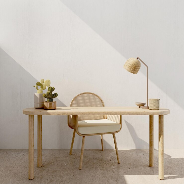 Maqueta de mesa de trabajo con lámpara de mesa de silla de madera y cactus en sala blanca