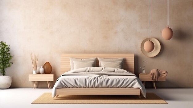 Maqueta mínima de pared de dormitorio de madera con mesa auxiliar de madera IA generativa
