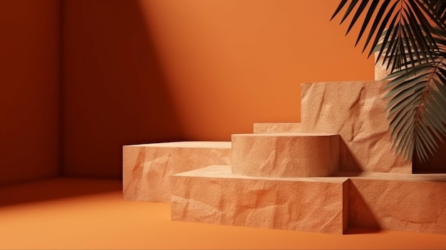 Maqueta mínima con podio premium hecho de losas de piedra natural y sombras de hojas de palma en la pared naranja