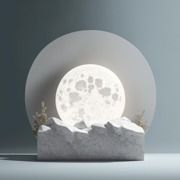 Maqueta minimalista de jardín de piedra de luna llena luminosa para exhibición de podio o exhibición de generación de IA