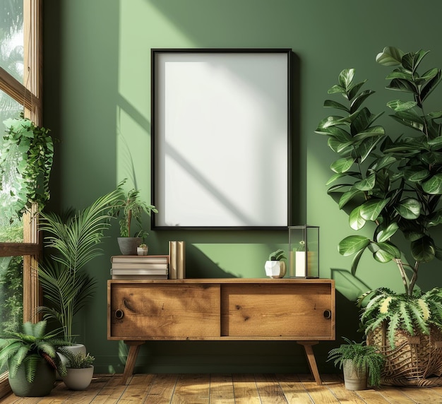 Maqueta minimalista de un marco negro vacío en un aparador de madera contra una pared verde con plantas
