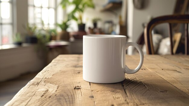 Una maqueta minimalista de taza de café colocada en una mesa de madera rústica que destaca su forma exquisita y textura acogedora Este lienzo en blanco le permite dar vida a sus propios diseños creativos